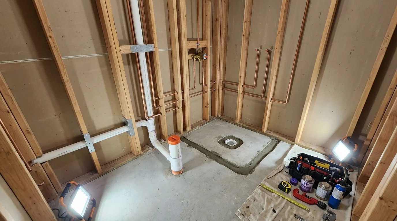 Bathroom rough-in plumbing during remodel by Johns Plumbing LLC in South Fulton