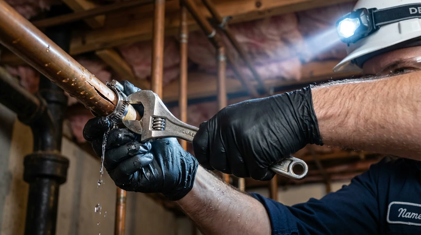 Emergency pipe clamp repair being performed by a Johns Plumbing LLC plumber in South Fulton