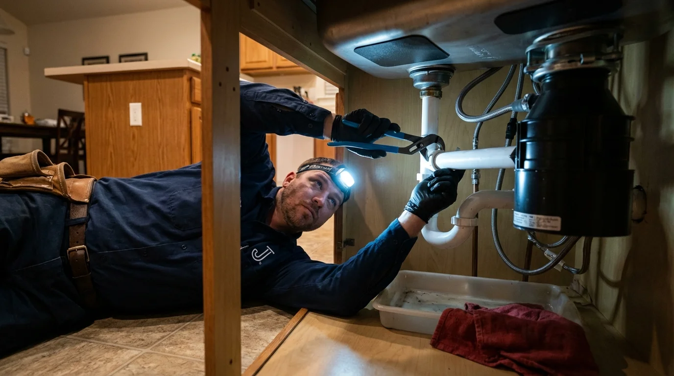 P-trap and supply line connections under a kitchen sink showing a common leak point in South Fulton, TN